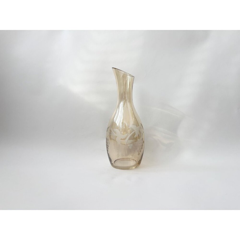 Etched Pale Yellow Glass Floral & Fruit Vintage Art Nouveau Oblique Glass Carafe - Picture 12 of 16